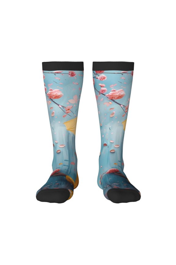 Woman Under Blossoming Tree Knee Socks, High Socks Long Stretchy Sock Women Knee High Stocking, Long Socks for Women