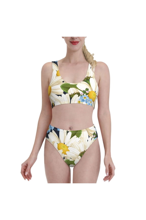 Womens High Waisted Bikini Sets Two Piece Swimsuit Bees Collecting Nectar Print Tummy Control Bathing Suit-X-Large