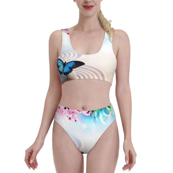 Vsdgher Womens High Waisted Bikini Sets Two Piece Swimsuit Butterfly In Blossoms Zen Print Tummy Control Bathing Suit-XX-Large