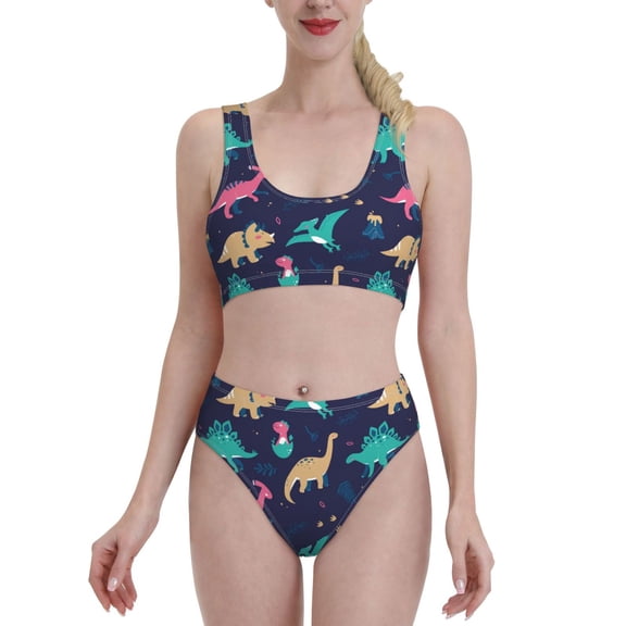 Vsdgher Womens High Waisted Bikini Sets Two Piece Swimsuit Cartoon Dinosaur Print Tummy Control Bathing Suit-Large