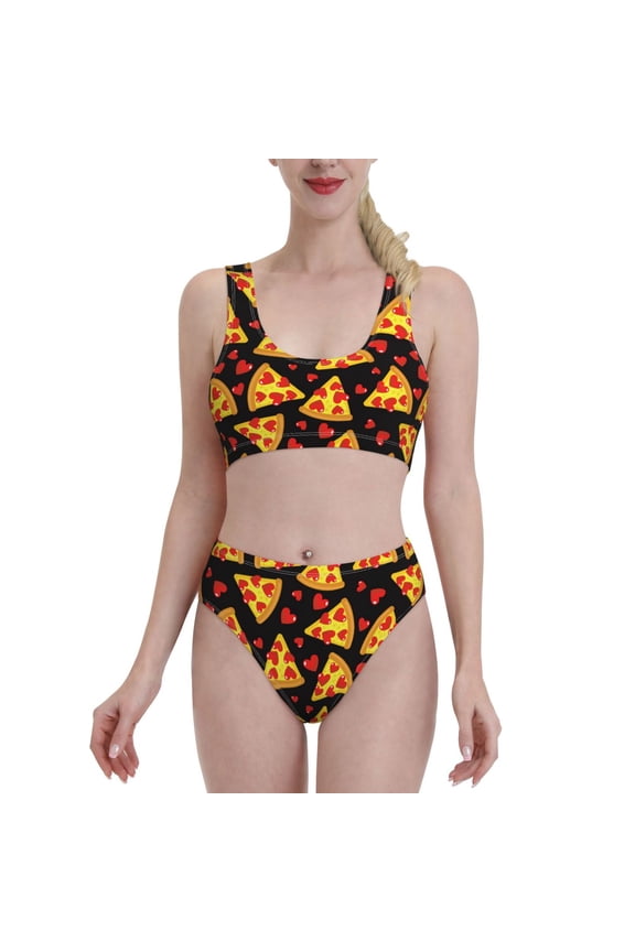 Womens High Waisted Bikini Sets Two Piece Swimsuit Cartoon Pizza Print Tummy Control Bathing Suit-Small