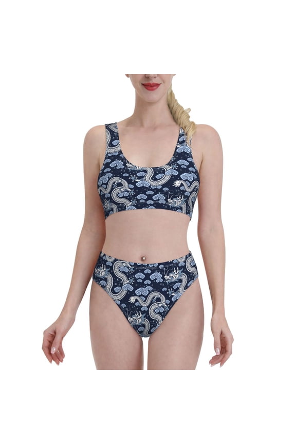 Vsdgher Womens High Waisted Bikini Sets Two Piece Swimsuit Dragon Print Tummy Control Bathing Suit-Large