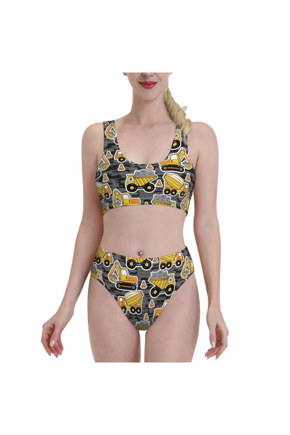 Womens High Waisted Bikini Sets Two Piece Swimsuit Excavator At Work Print Tummy Control Bathing Suit-Medium