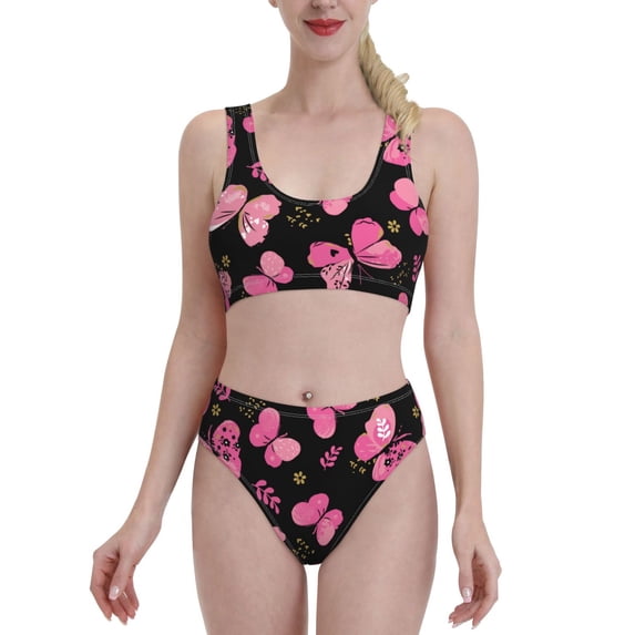 Vsdgher Womens High Waisted Bikini Sets Two Piece Swimsuit Girl Butterfly Print Tummy Control Bathing Suit-