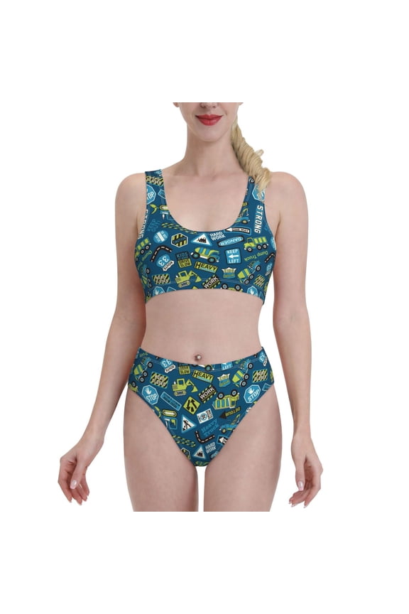 Womens High Waisted Bikini Sets Two Piece Swimsuit Modern Excavator Print Tummy Control Bathing Suit-Small