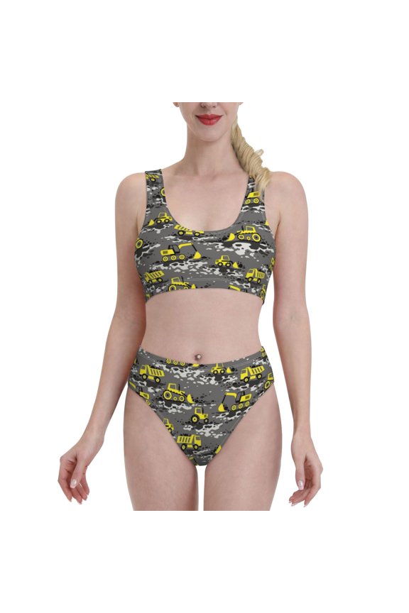 Vsdgher Womens High Waisted Bikini Sets Two Piece Swimsuit Modern Yellow Excavator Print Tummy Control Bathing Suit-