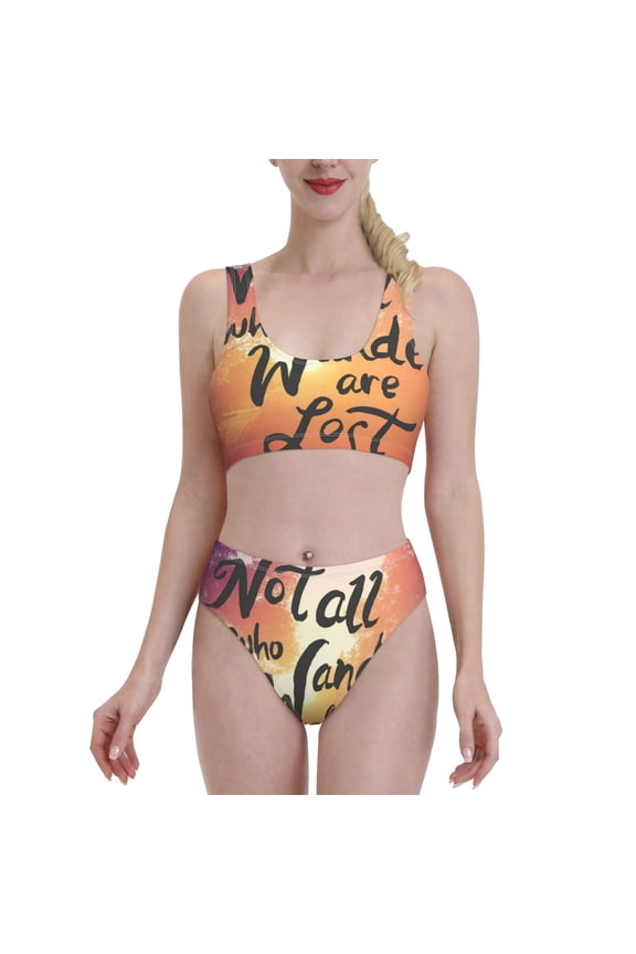 Womens High Waisted Bikini Sets Two Piece Swimsuit Not All Who Wander Are Lost Print Tummy Control Bathing Suit-