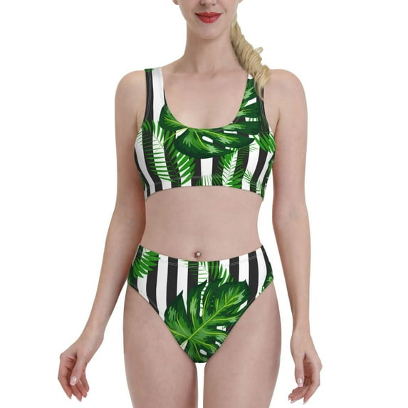 Vsdgher Womens High Waisted Bikini Sets Two Piece Swimsuit Palm Greenery Print Tummy Control Bathing Suit-Small