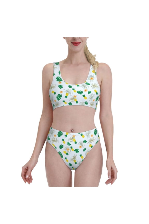 Womens High Waisted Bikini Sets Two Piece Swimsuit Pineapple Print Tummy Control Bathing Suit-Small