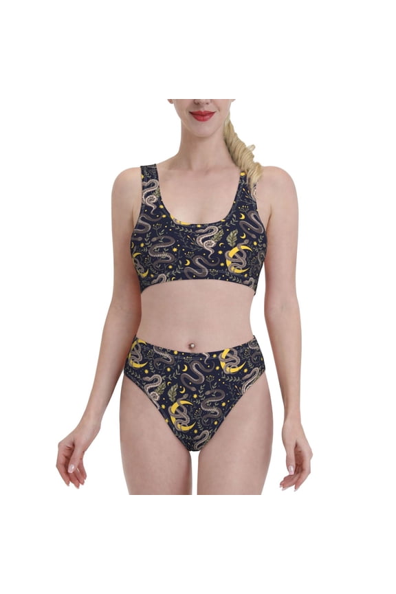 Womens High Waisted Bikini Sets Two Piece Swimsuit Snake Sleep Print Tummy Control Bathing Suit-