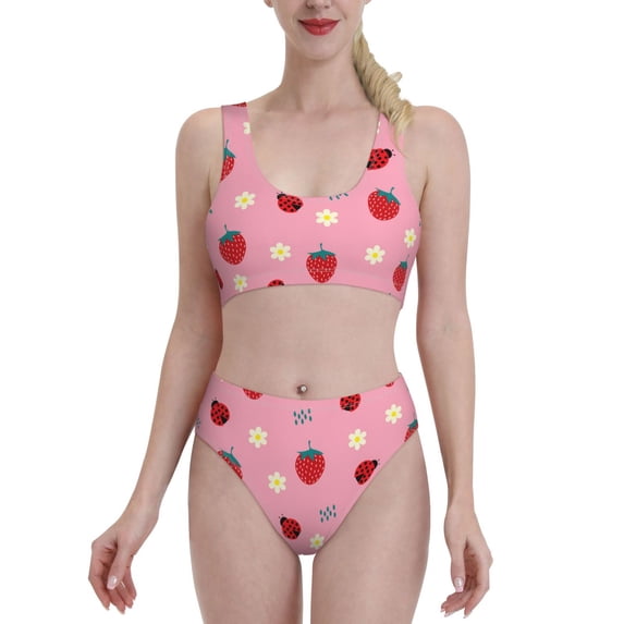 Vsdgher Womens High Waisted Bikini Sets Two Piece Swimsuit Strawberry and Ladybugs Print Tummy Control Bathing Suit-Small