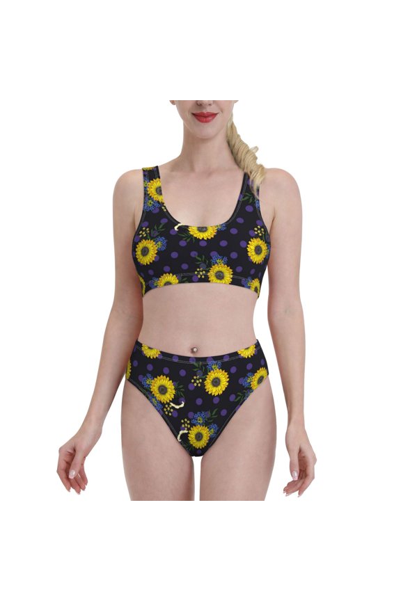 Womens High Waisted Bikini Sets Two Piece Swimsuit Sunflowers Print Tummy Control Bathing Suit-Large