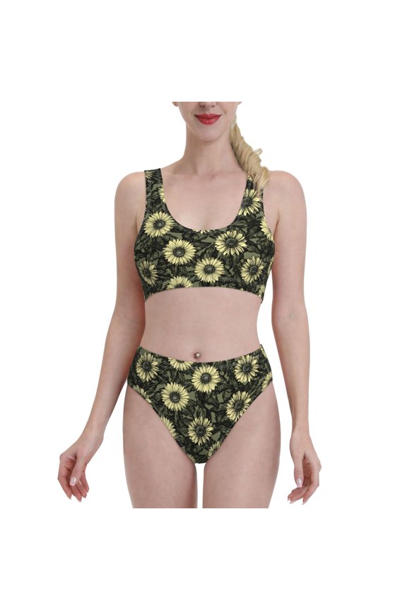 Womens High Waisted Bikini Sets Two Piece Swimsuit Sunflowers Print Tummy Control Bathing Suit-X-Large