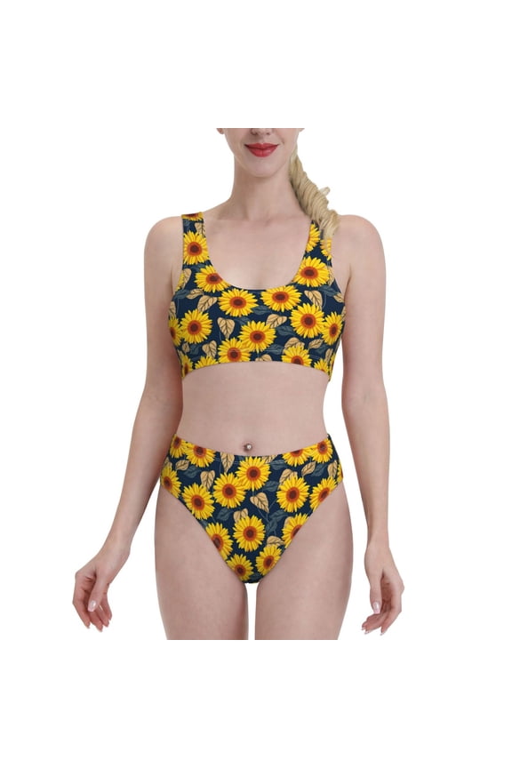 Womens High Waisted Bikini Sets Two Piece Swimsuit Sunflowers Print Tummy Control Bathing Suit-