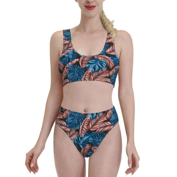 Vsdgher Womens High Waisted Bikini Sets Two Piece Swimsuit Tropical Leaves Print Tummy Control Bathing Suit-Medium