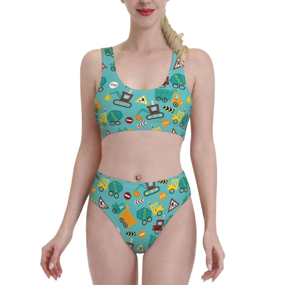 Vsdgher Womens High Waisted Bikini Sets Two Piece Swimsuit Trucks And Excavators Print Tummy Control Bathing Suit-Large