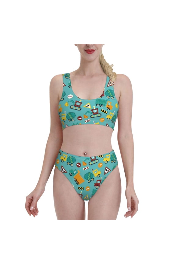Womens High Waisted Bikini Sets Two Piece Swimsuit Trucks And Excavators Print Tummy Control Bathing Suit-Large