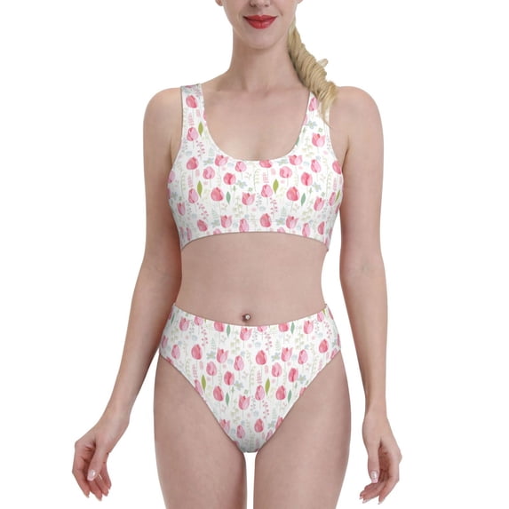 Vsdgher Womens High Waisted Bikini Sets Two Piece Swimsuit Tulips Flowers Print Tummy Control Bathing Suit-Large