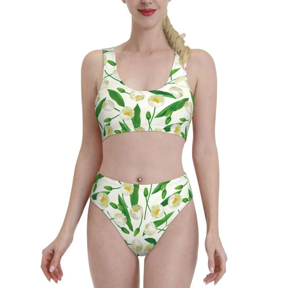 Vsdgher Womens High Waisted Bikini Sets Two Piece Swimsuit Tulips Flowers Print Tummy Control Bathing Suit-Medium