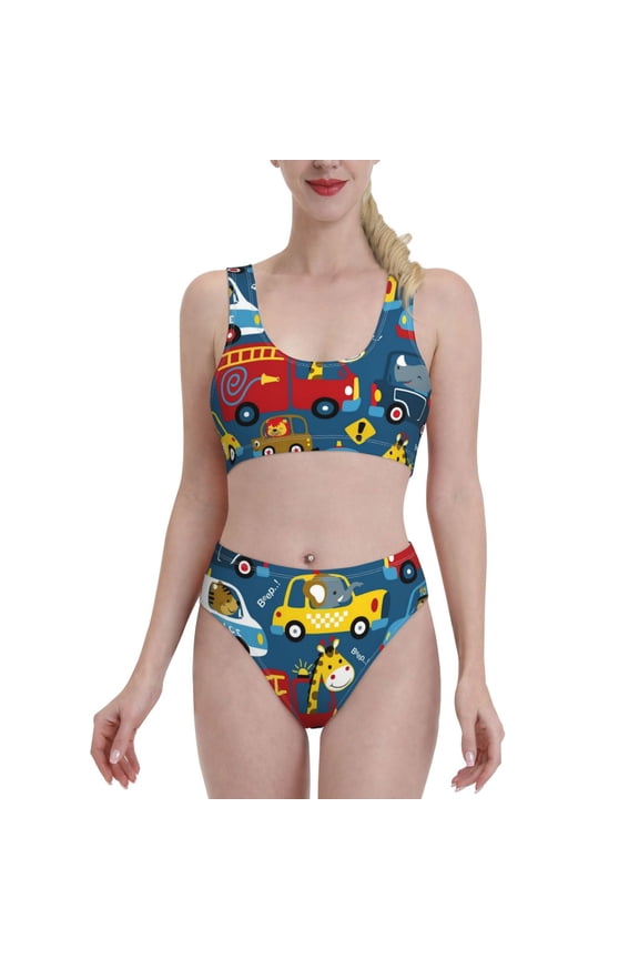 Vsdgher Womens High Waisted Bikini Sets Two Piece Swimsuit Vehicles Cartoon with Funny Drivers Print Tummy Control Bathing Suit-