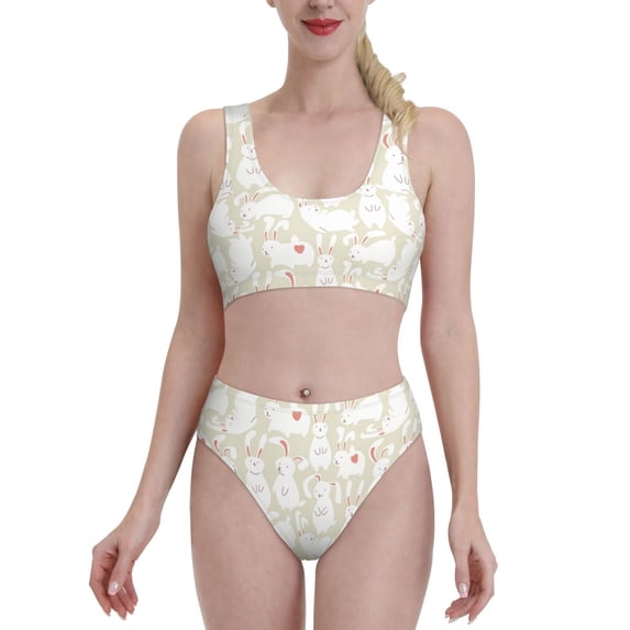 Vsdgher Womens High Waisted Bikini Sets Two Piece Swimsuit White Rabbit Print Tummy Control Bathing Suit-Medium
