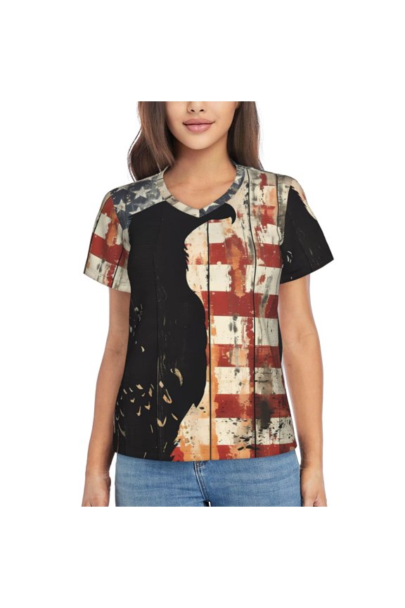 Wood Grain Bald Eagle Women Shirts V Neck Short Sleeve Tops T-Shirt Basic Tees, S to 3XL3X-Large