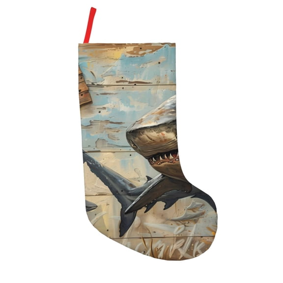 Vsdgher Wood Grain Shark Christmas Stockings 18 inch Large Kids Stocking Bags Hanging Socks for Christmas Decor Decorations