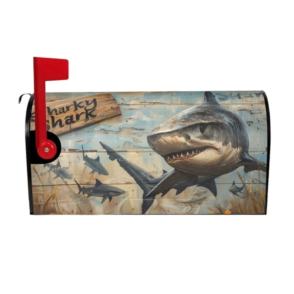 Vsdgher Wood Grain Shark Mailbox Cover Magnetic Mailbox Wraps Post Letter Box Cover for Garden Yard Home Decor 2 Sizes-25.5x21 in
