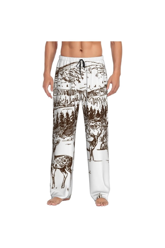 Woodland Forest With Deers Mens Pajama Pants Sleep & Lounge Pants, PJ Pants-Small