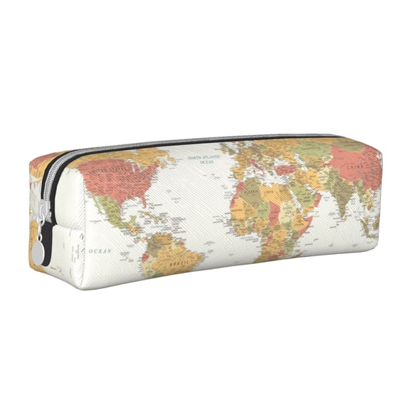 Vsdgher World Map 1 Leather Pencil Case, Makeup Pouch, Zipper Pouch for Daily Essentials, Storage Organizer, Cosmetics and Stationary Bag