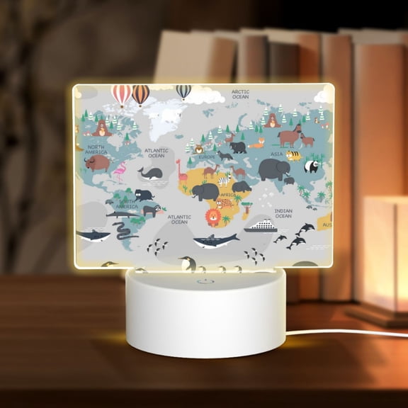 Vsdgher The World Map with Cartoon Animals Rectangular Acrylic Night Light Acrylic Sleep Night Light Friend Gifts for Birthday Gifts for Women Teens Boys Girls