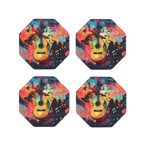 Vsdgher World Map Guitar Illustration Leather Coasters for Drinks, Durable Drink Coasters 4 Set for Tabletop Protection, Luxurious Home Décor and Housewarming Gift-Octagon