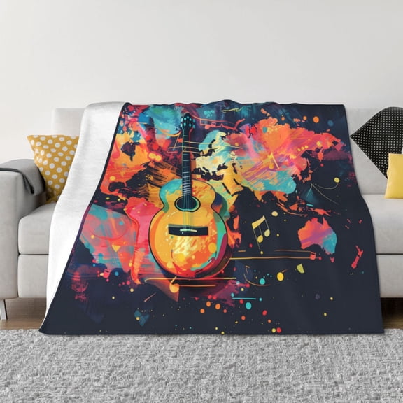 Vsdgher World Map Guitar Illustration Pattern Fleece Throw Blanket, Horizontal Fleece Bedding Home Decor for Couch & Bed All Season Use -40"x30"