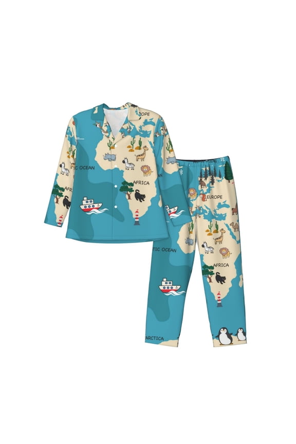 World Map With Animal Mens Pajama Set, Soft Warm Long Sleeve Sleepwear, Cozy Button-Down Pjs for Men-X-Large