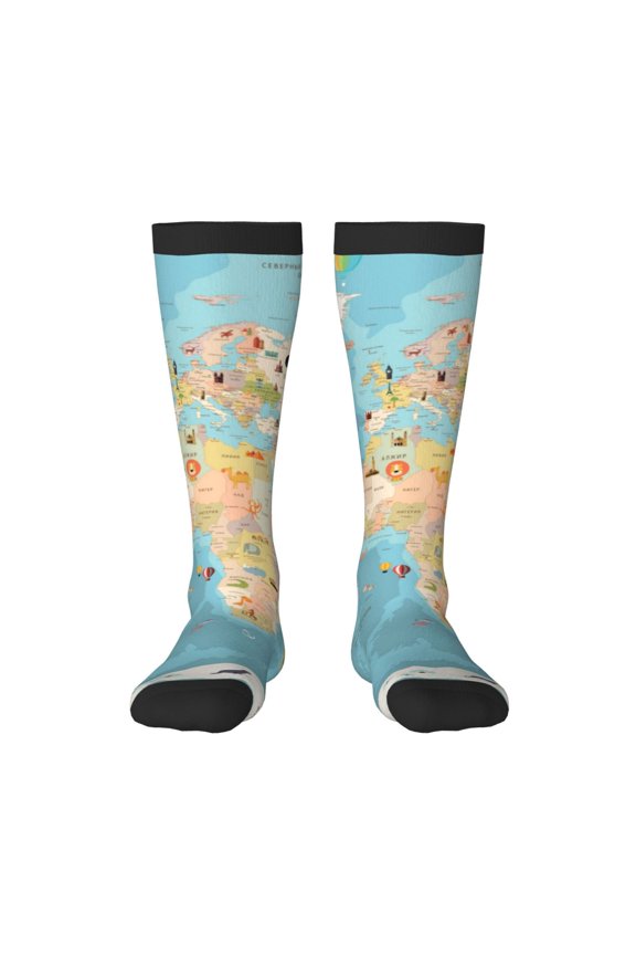 World Map With Animals 1 Knee Socks, High Socks Long Stretchy Sock Women Knee High Stocking, Long Socks for Women