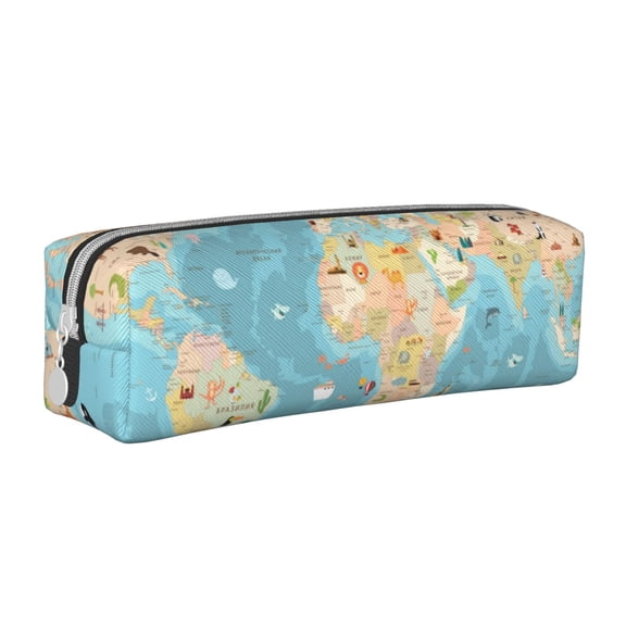 Vsdgher World Map With Animals 1 Leather Pencil Case, Makeup Pouch, Zipper Pouch for Daily Essentials, Storage Organizer, Cosmetics and Stationary Bag