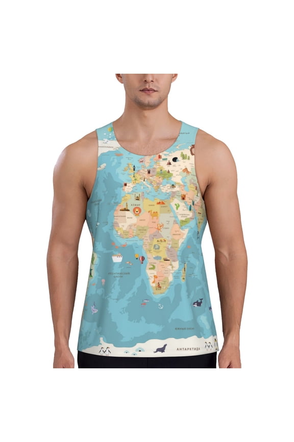 World Map With Animals 1 Men's Workout Tank Tops Sleeveless Gym Shirt Quick Dry Fitness Bodybuilding Sleeveless T Shirt-Medium