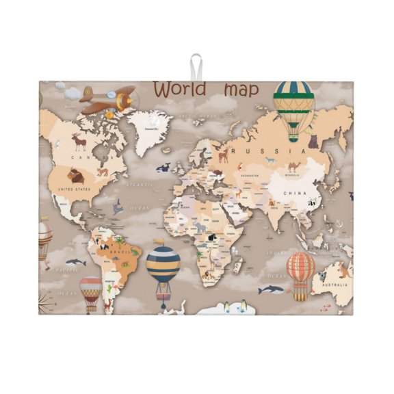 Vsdgher World Map With Animals Dish Drying Mat Super Absorbent Drying Mat Large Dish Drying Mats for Kitchen Counter Kitchen Drying Mat 24" x 18"