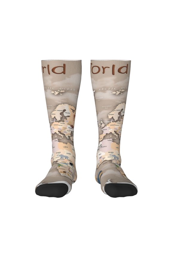 World Map With Animals Knee Socks, High Socks Long Stretchy Sock Women Knee High Stocking, Long Socks for Women
