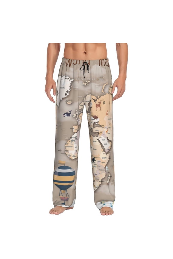 World Map With Animals Mens Pajama Pants Sleep & Lounge Pants, PJ Pants-X-Large