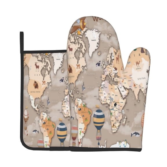 Vsdgher World Map With Animals Oven Mitts and Pot Holders 2 pcs Set,High Heat Resistant Kitchen Oven Glove for Baking and Cooking