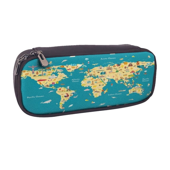 Vsdgher World Map With Landmarks Print Pen Case Leather Pencil Pouch Markers Holder Big Capacity Bag with Zippered Pocket for Stationery Tool