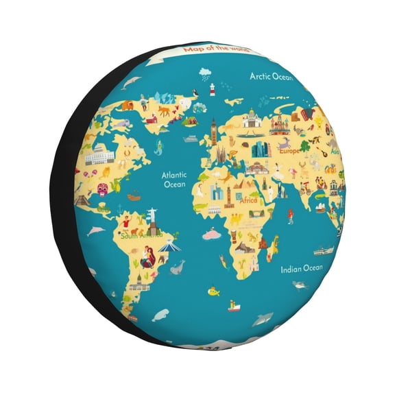 Vsdgher World Map With Landmarks for Spare Tire Cover, Tire Wheel Protector Wheel Cover Fit for Truck,Trailer,RV,SUV,Camper and Most Vehicle-14 inch
