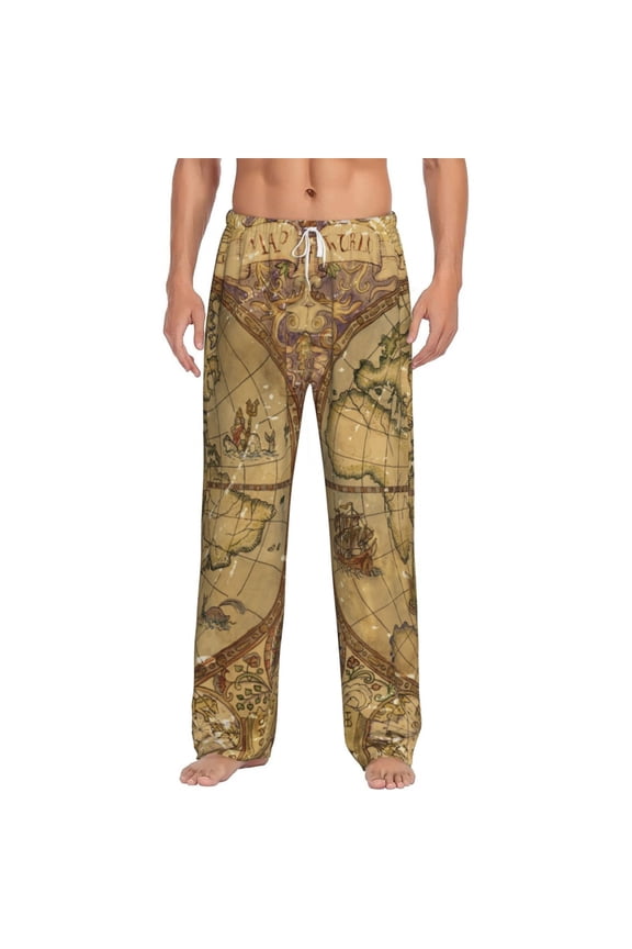 World Map1 Print Mens Pajama Pants Sleep & Lounge Pants, PJ Bottoms With elastic waistb and Pockets