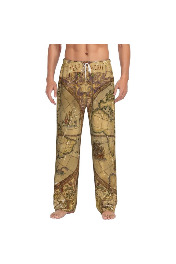 World Map1 Print Mens Pajama Pants Sleep & Lounge Pants, PJ Bottoms With elastic waistb and Pockets