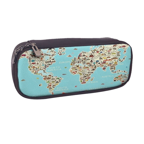 Vsdgher World Travel Line Icons Map Print Pen Case Leather Pencil Pouch Markers Holder Big Capacity Bag with Zippered Pocket for Stationery Tool