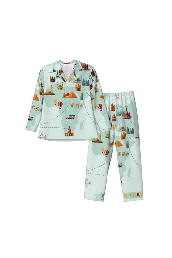 World Travel Map Mens Pajama Set, Soft Warm Long Sleeve Sleepwear, Cozy Button-Down Pjs for Men-Small
