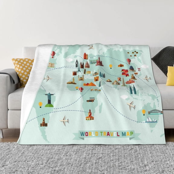 Vsdgher World Travel Map Pattern Fleece Throw Blanket, Horizontal Fleece Bedding Home Decor for Couch & Bed All Season Use -80"x60"