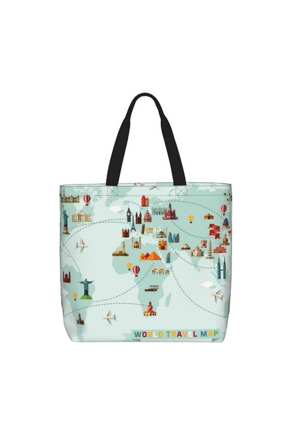 World Travel Map print Tote Bag for Women Shoulder Bag with Zipper Large Shoulder Bag Handle Handbag Portable Washable for Travel, Work