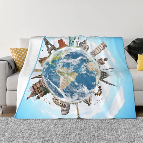Vsdgher World Travel Pattern Fleece Throw Blanket, Horizontal Fleece Bedding Home Decor for Couch & Bed All Season Use -60"x50"